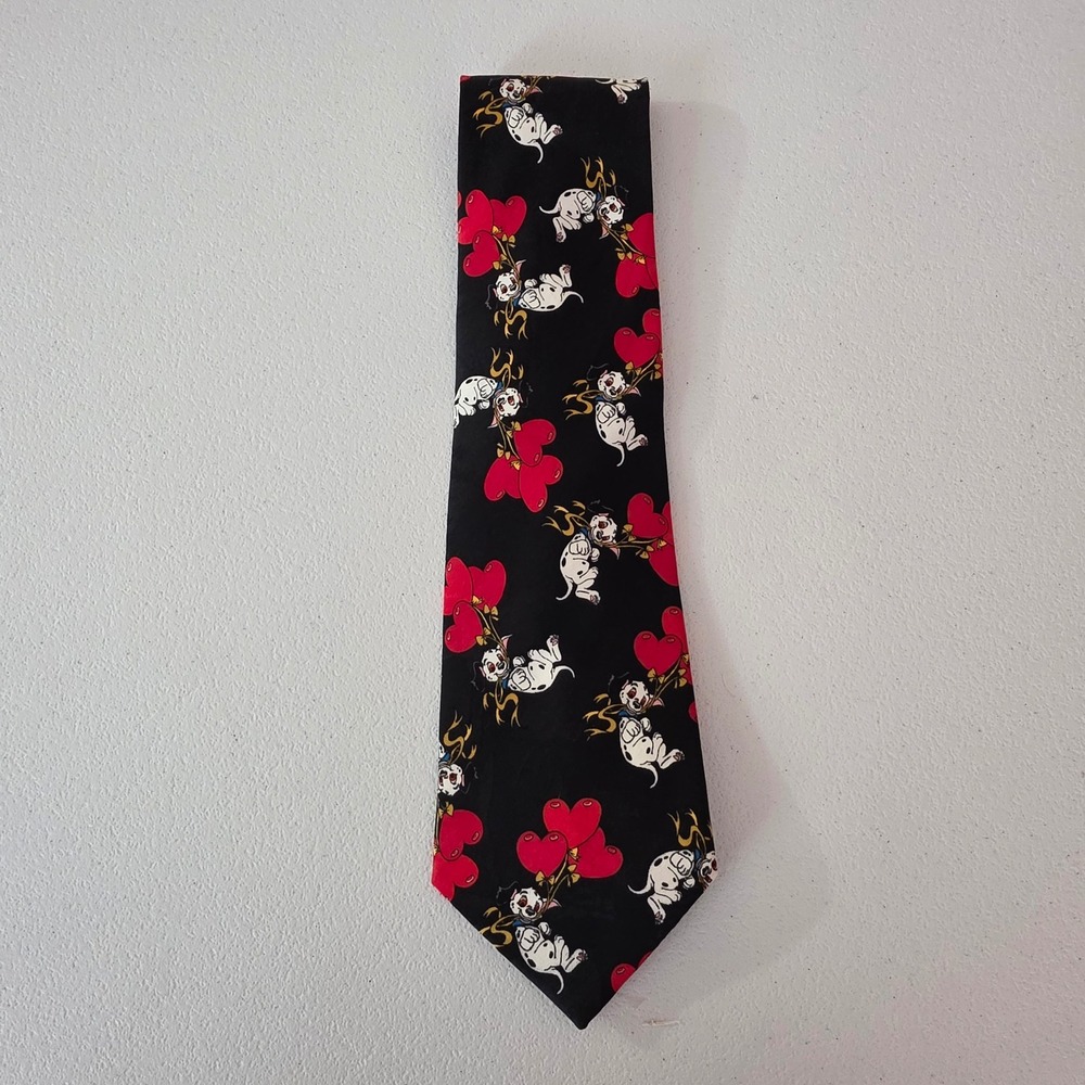 Disney Necktie Mens Black 101 Dalmatians Hearts Valentine's Day Novelty